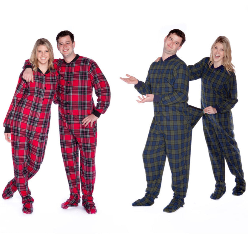 Guys and Girls all wearing couples matching Cotton Flannel Plaid Footed Onesie Pajamas.  One couple in Red & Black Plaid and the other couple in Green & Navy Plaid Flannel Footie Onesies with the drop seat option from Big Feet Pajama Company.