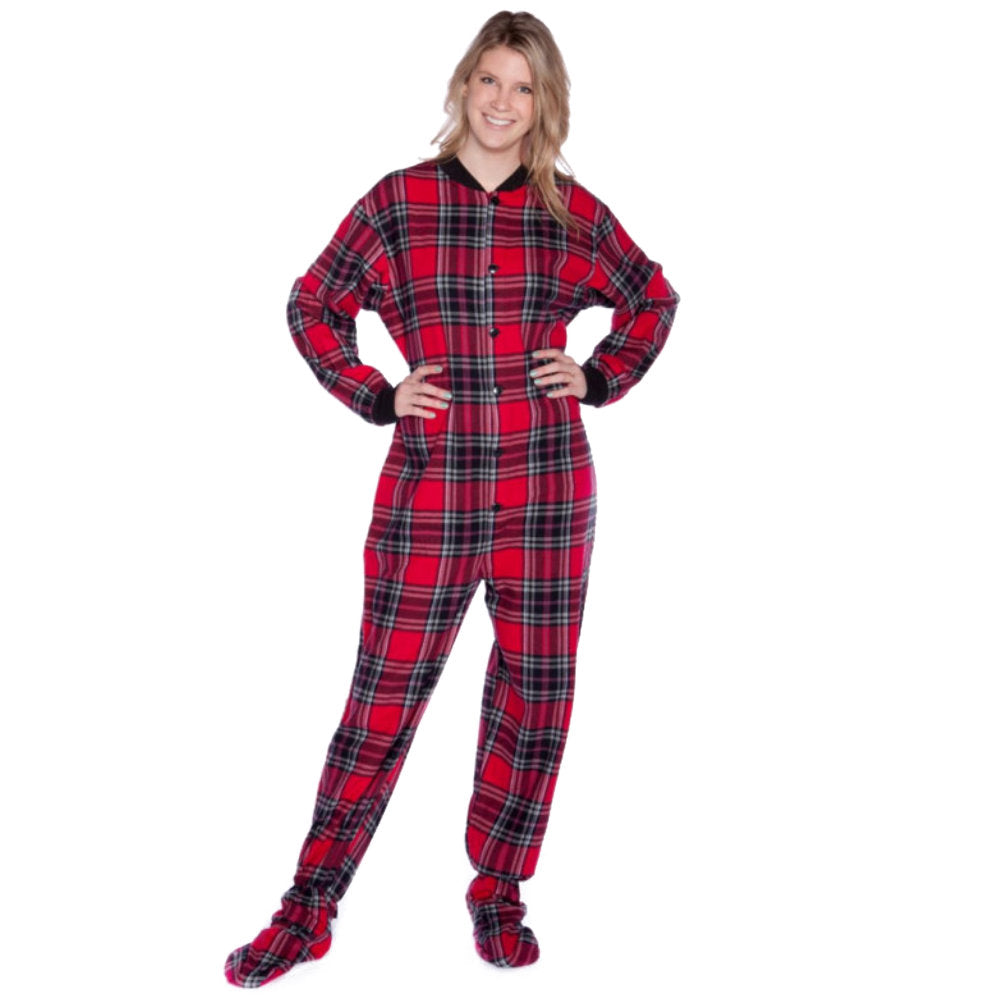 A woman wearing cotton flannel Red and Black Plaid Adult Footed Onesie Pajamas from Big Feet Pajama Company