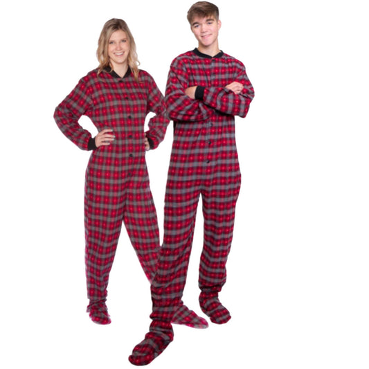 A man and woman couple wearing Red & Grey with Small Hearts Flannel Onesie Footed Pajamas from Big Feet Pajama Company