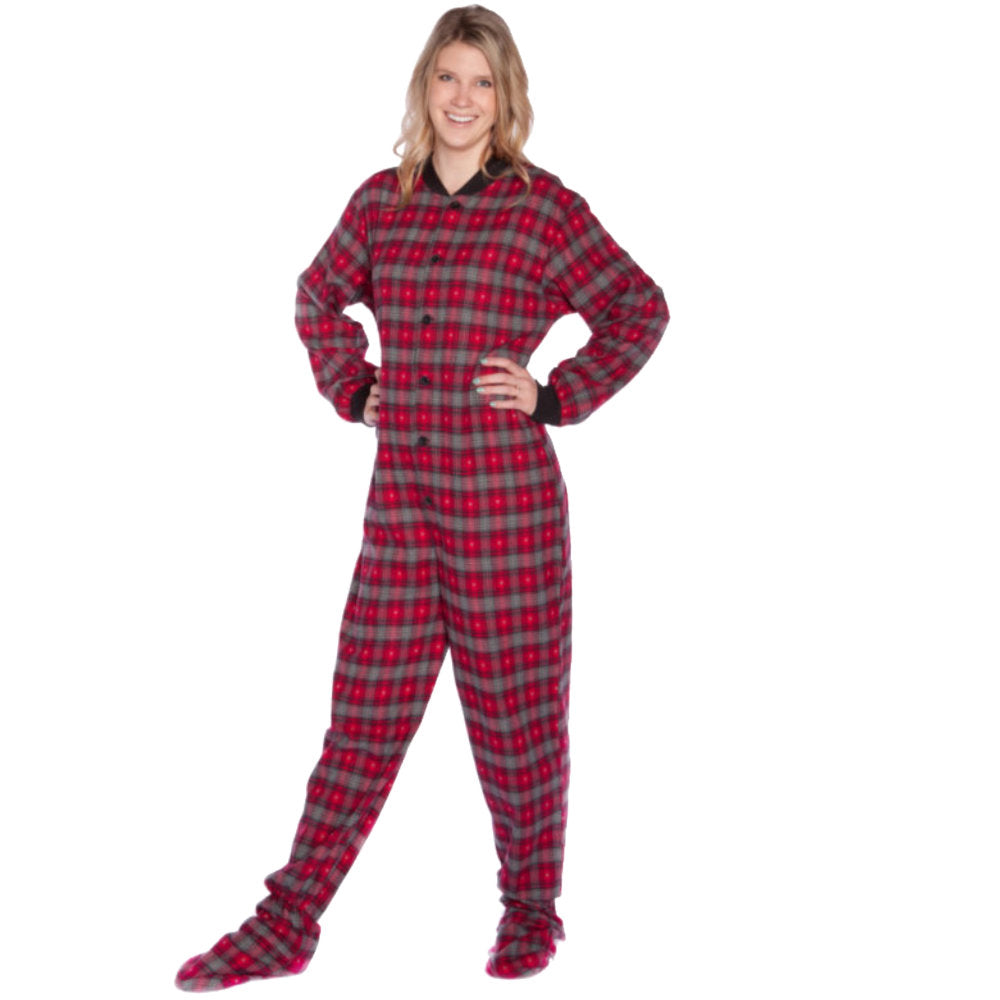 A woman wearing Red & Gray with Small Hearts Adult Footed Onesie Pajamas from Big Feet Pajama Company