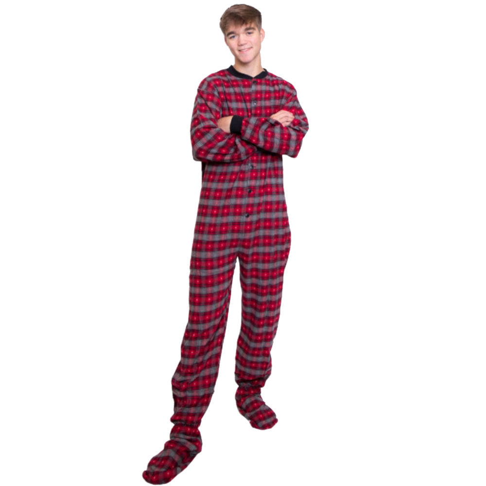 A man wearing Red & Gray with Small Hearts Adult Footed Onesie Pajamas from Big Feet Pajama Company