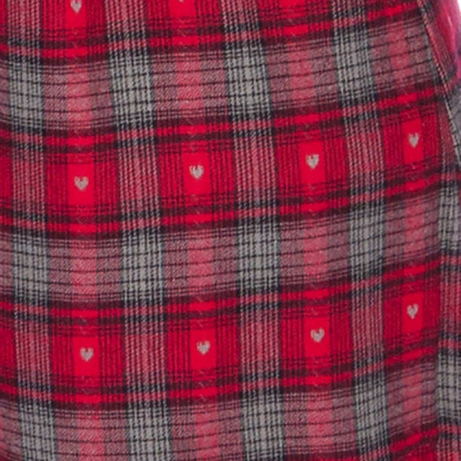 Swatch Red Gay Black woven cotton plaid with small gray hearts from Big Feet Pajama Company