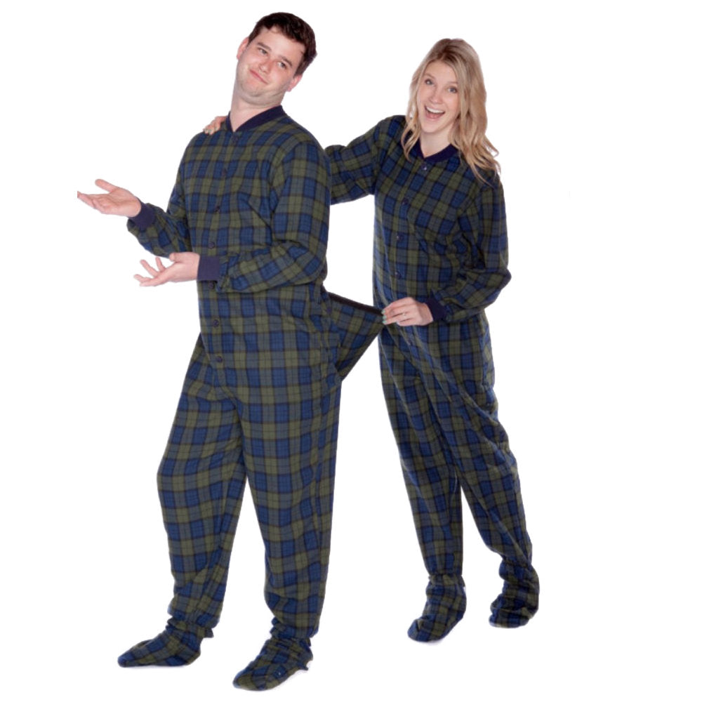 A man and woman couple wearing Navy Blue and Green Plaid Adult Footed Onesie Pajamas with a drop seat | Big Feet Pajama Company