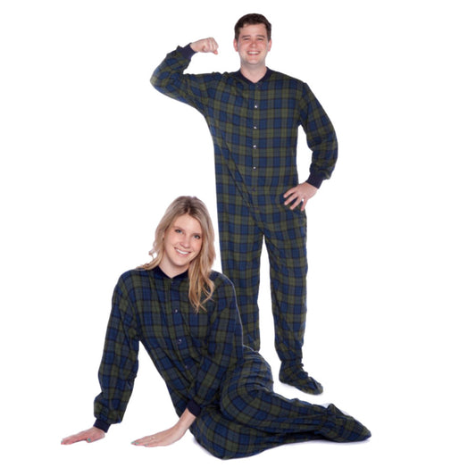 A man and a woman couple wearing Navy Blue and Green  Plaid Adult Footed Onesie Pajamas from Big Feet Pajama Company