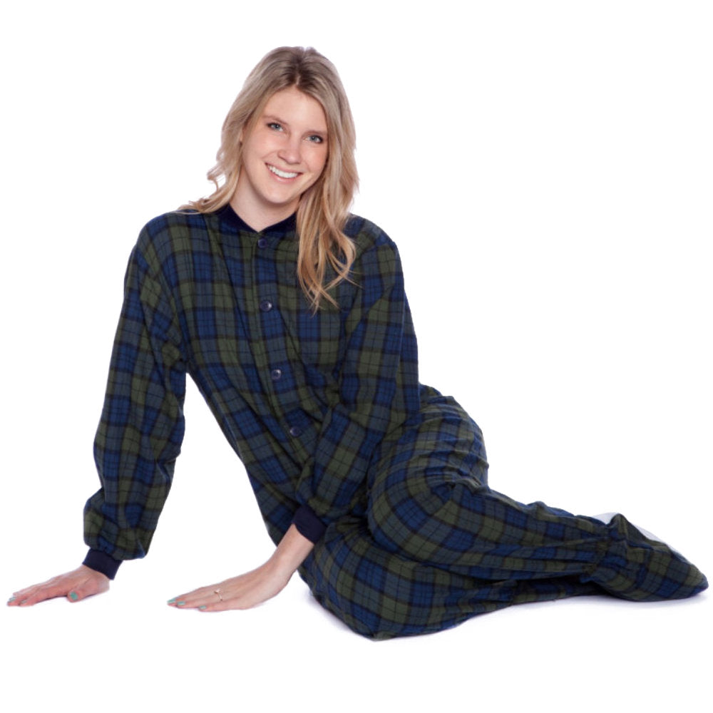 A woman wearing Navy Blue and Green Plaid Adult Footed Onesie Pajamas from Big Feet Pajama Company