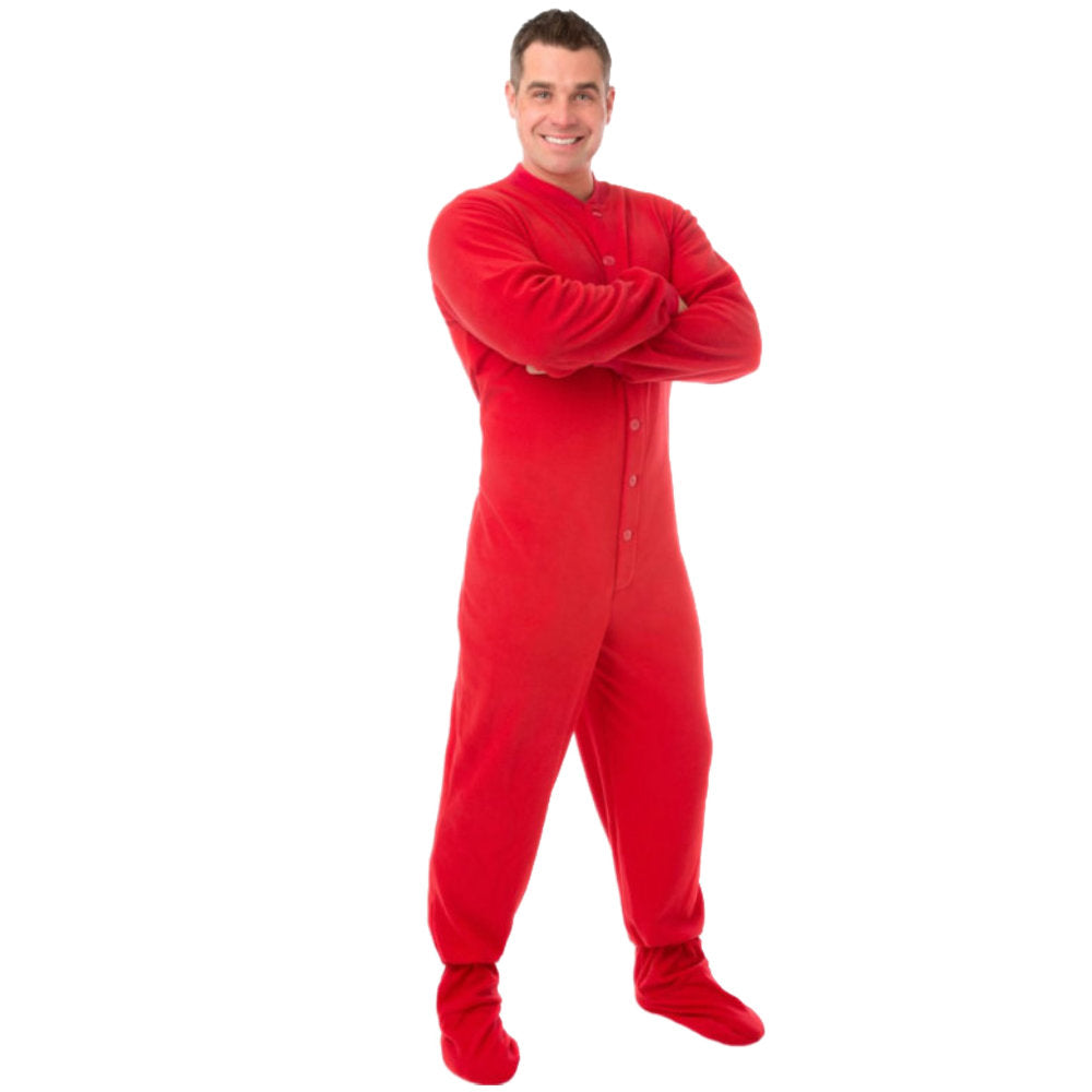 A man wearing Red Fleece Adult Onesie Footed Pajamas from Big Feet Pajama Company.