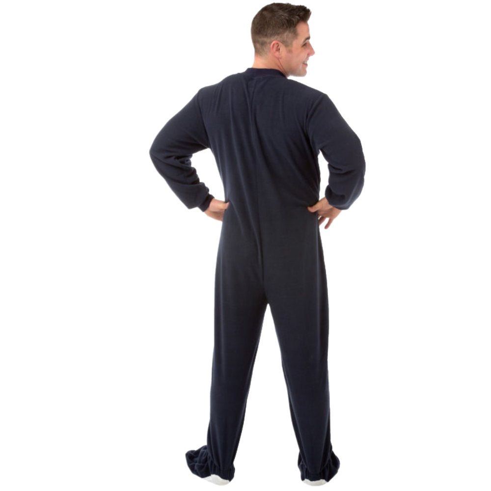 A man with his back to you wearing Navy Blue Fleece Adult Onesie Footed Pajamas from Big Feet Pajama Company.