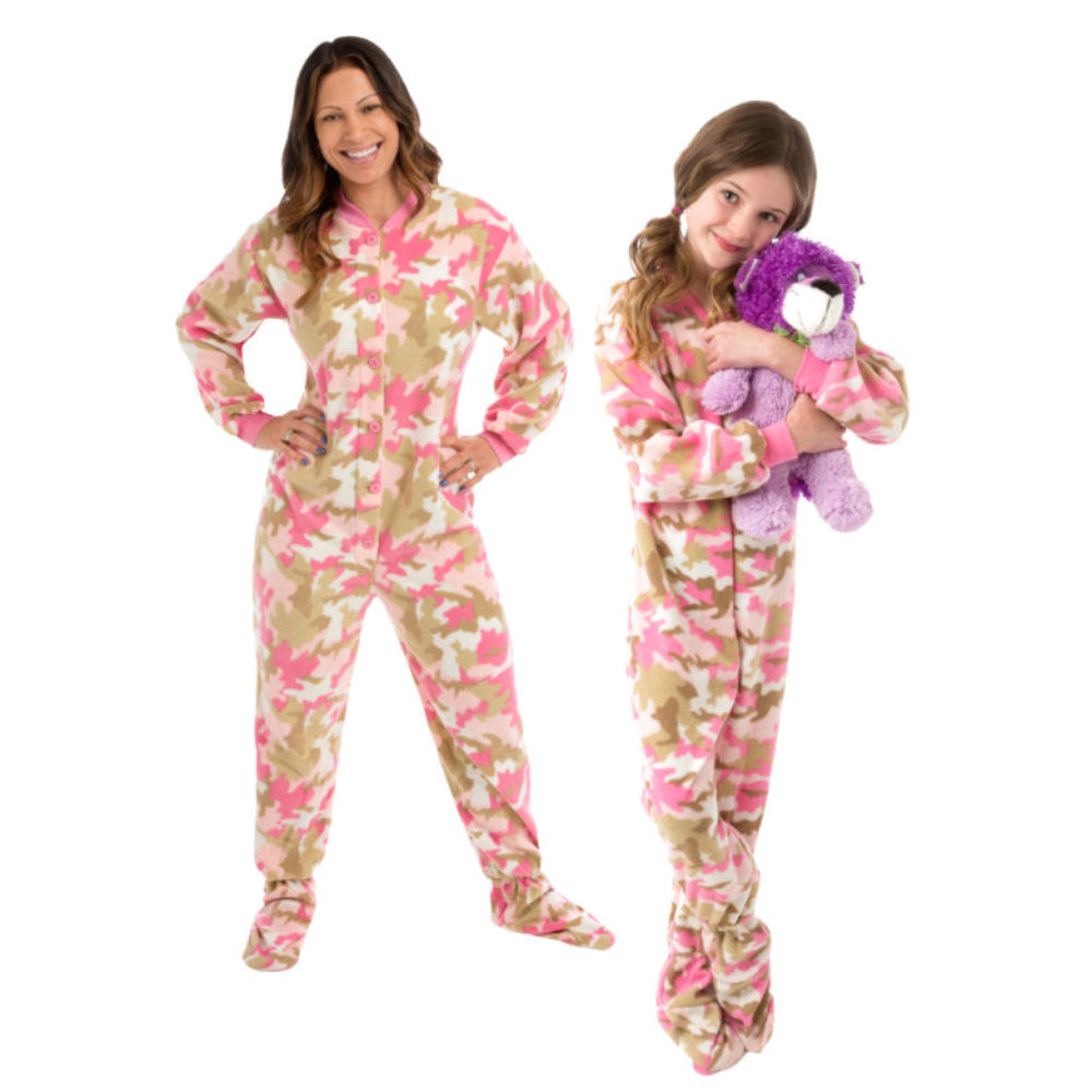 A mom & daughter wearing Matching Pink Camouflage Fleece Footed Onesie Pajamas from Big Feet Pajama Company