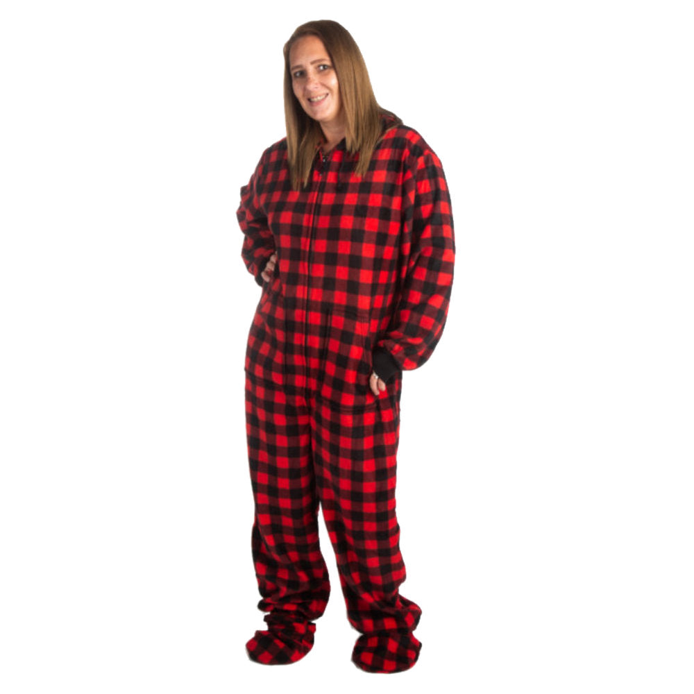 A woman a woman couple wearing Matching Red and Black Buffalo Plaid Fleece Footed Onesie Pajamas from Big Feet Pajama Company