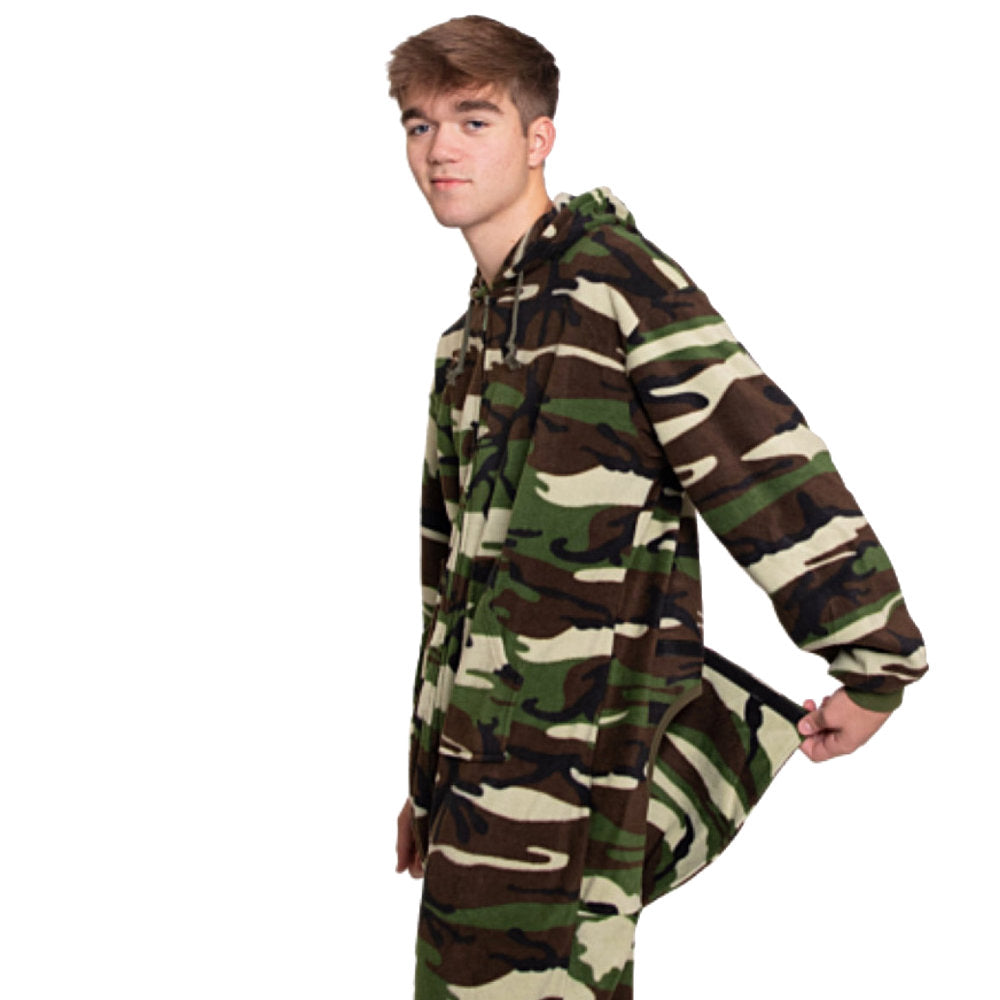 A man wearing Camouflage Fleece Adult Onesie Hoodie Pajamas showing the drop seat option. Big Feet Pajama