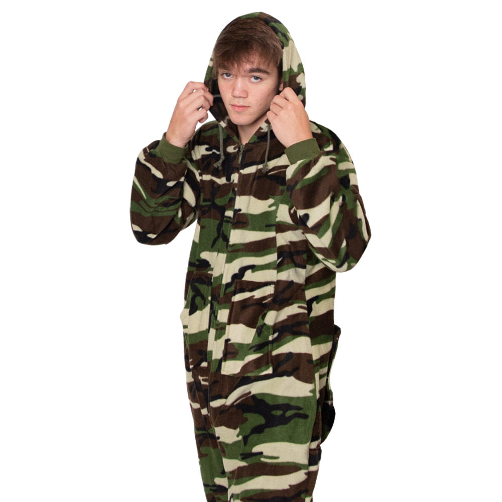 A guy, pulling up his hood on his Green Camouflage Fleece Adult Onesie Hoodie Jumpsuit Pajamas from the Big Feet Pajama Company