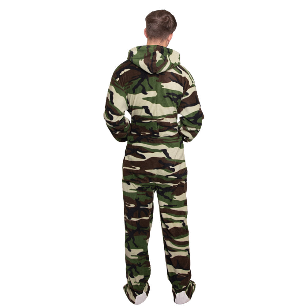 A man with his back to you to show the back of his Green Camouflage Fleece Adult Onesie Hoodie Footed Pajamas from Big Feet Pajama Company.