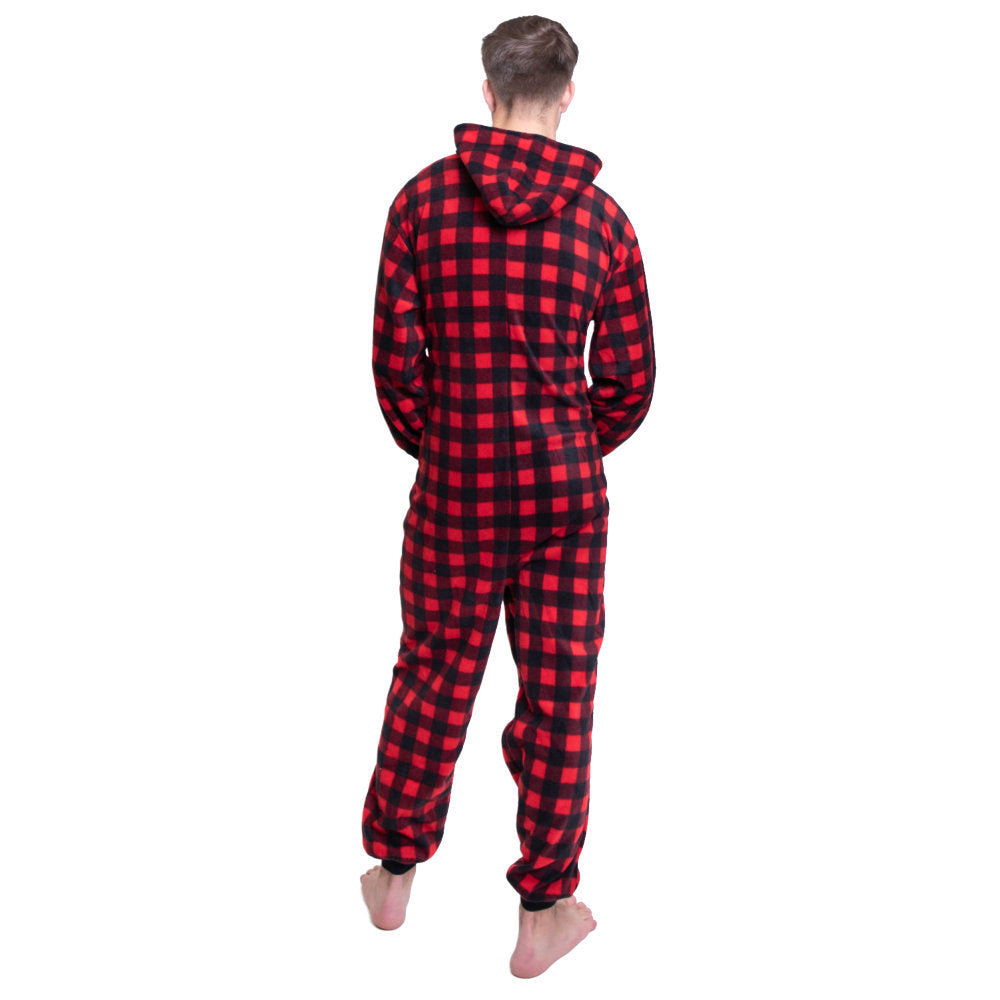 A man with his back to you to show the back of his Red & Black Buffalo Plaid Fleece Adult Onesie Hoodie Footed Pajamas from Big Feet Pajama Company.
