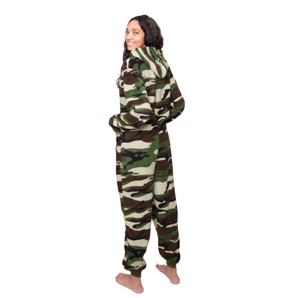 A woman wearing Camouflage Fleece Adult Onesie Hoodie Jumpsuit Pajamas from Big Feet Pajama Company.