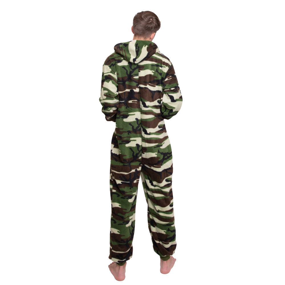 A man with his back to you to show the back of his Green Camouflage Fleece Adult Onesie Hoodie Jumpsuit Pajamas from Big Feet Pajama Company.