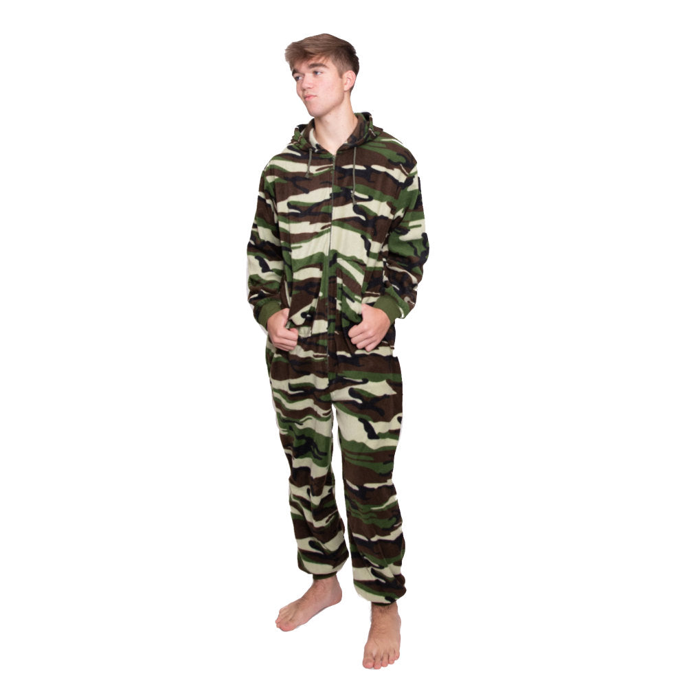 A man wearing Camouflage Fleece Adult Onesie Hoodie Jumpsuit Pajamas from Big Feet Pajama Company.
