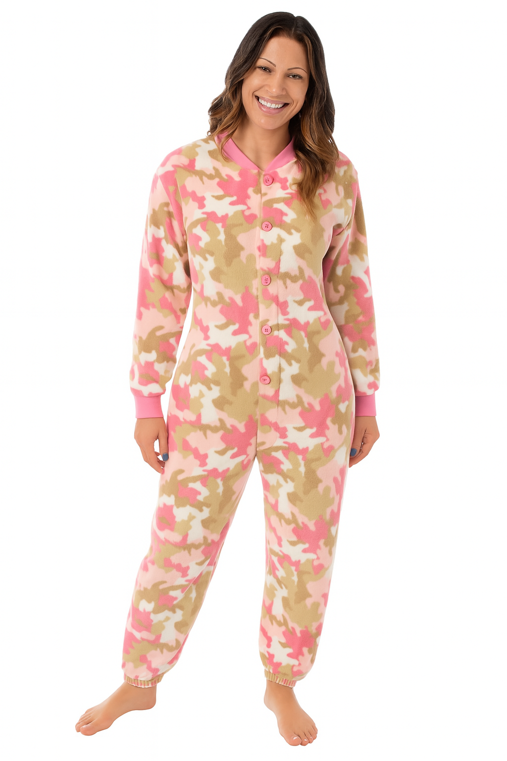 Pink Camouflage Fleece Onesie Pajama for Women, Footless