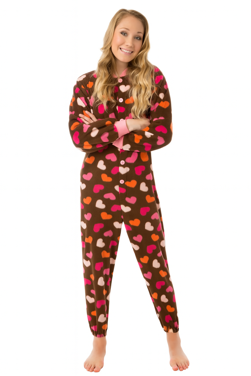 Chocolate and Hearts Fleece Onesie Pajama for Women, Footless