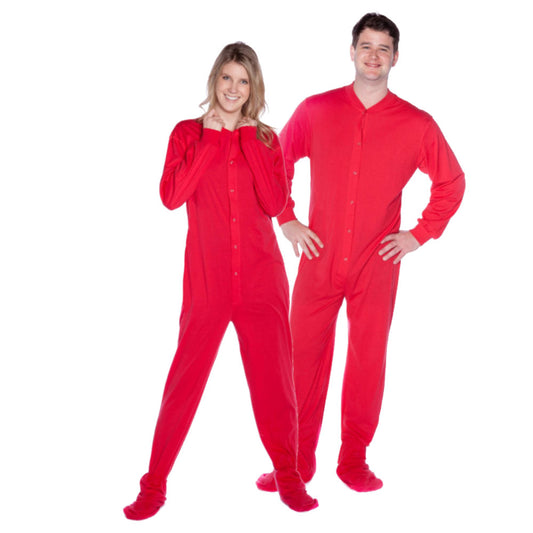 A couple matching Red Cotton Knit Adult Onesie Footed Pajamas for Men & Women from Big Feet Pajama Company.