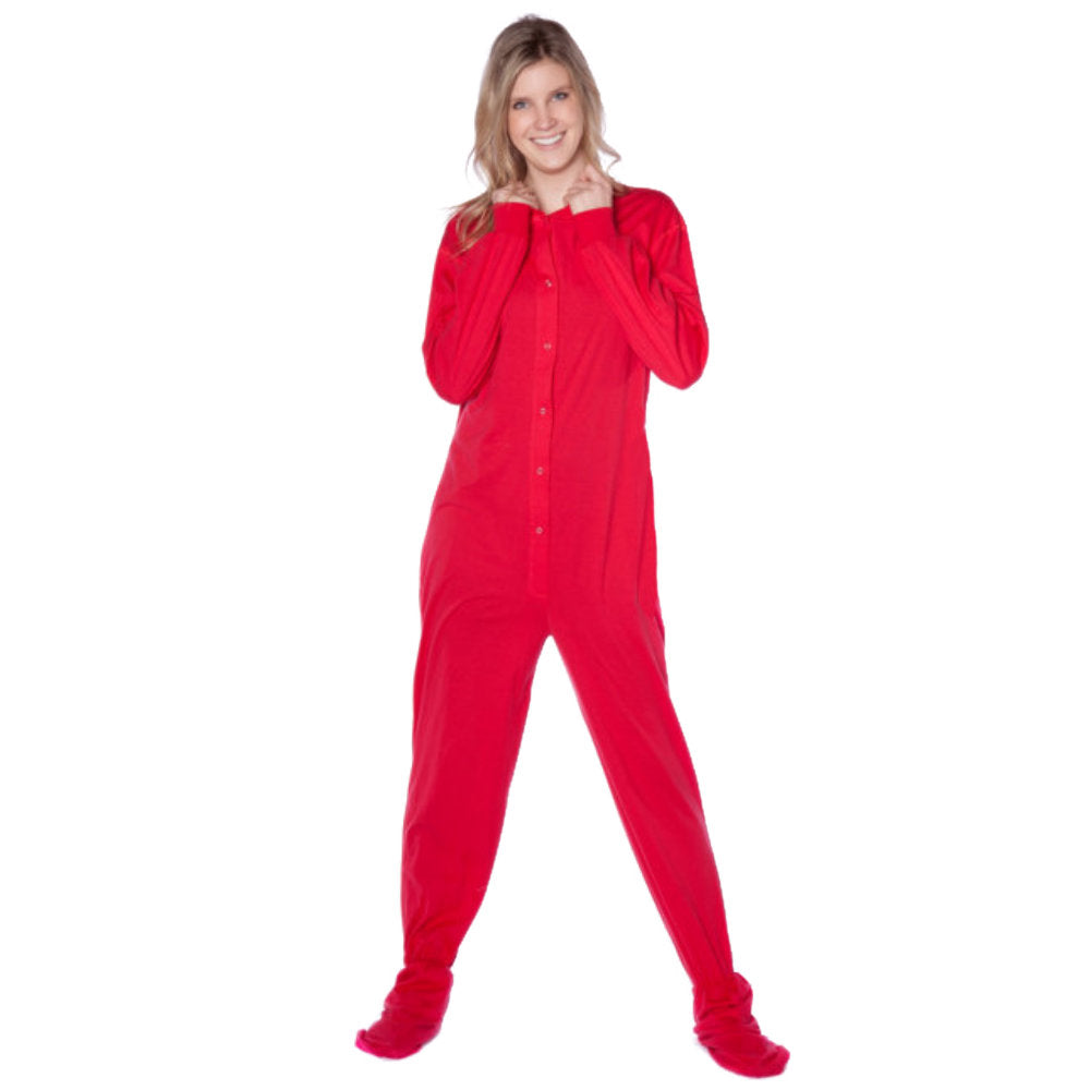 A woman wearing Red Cotton Knit Adult Onesie Footed Pajamas for Men & Women from Big Feet Pajama Company.