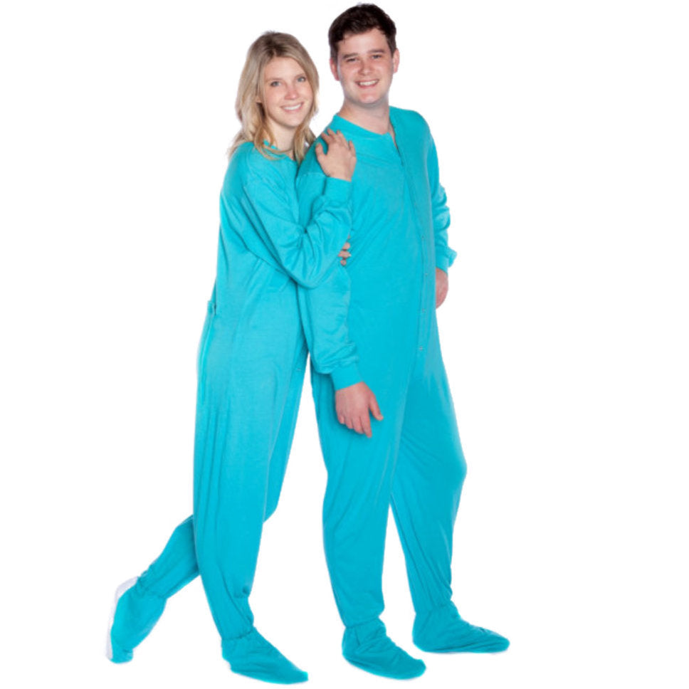 A couple wearing Turquoise Cotton Knit Matching Adult Onesie Footed Pajamas for Men & Women from Big Feet Pajama Company.