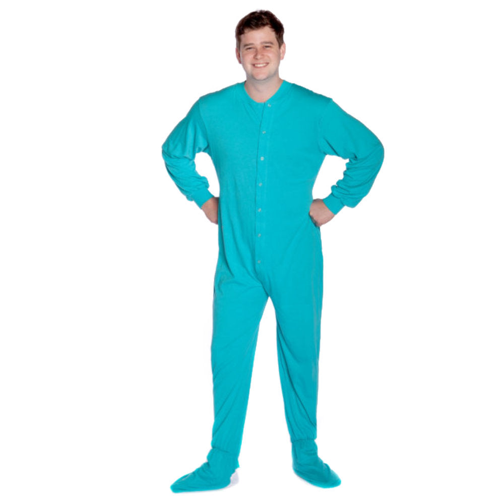 A man wearing Turquoise Cotton Knit Adult Onesie Footed Pajamas for Men & Women from Big Feet Pajama Company.