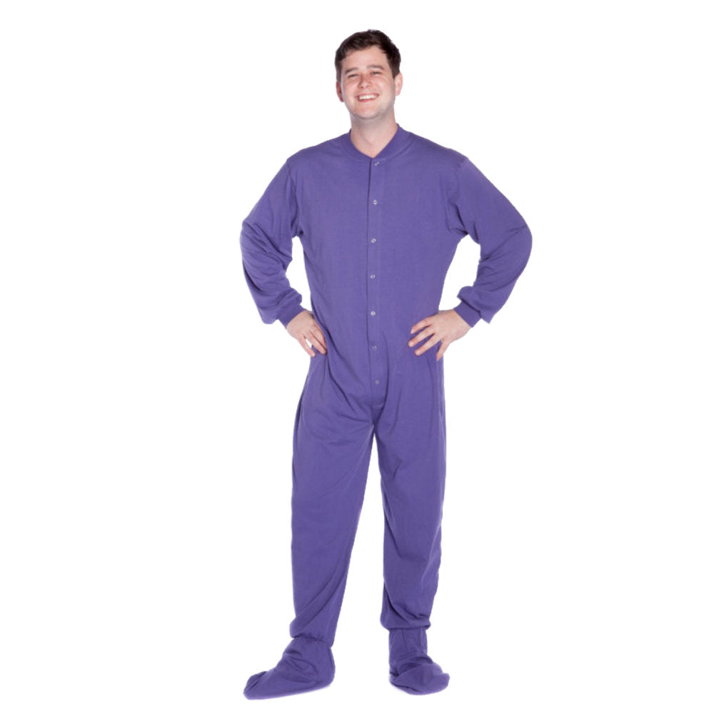 A man wearing Purple Cotton Knit Adult Onesie Footed Pajamas for Men & Women from Big Feet Pajama Company.