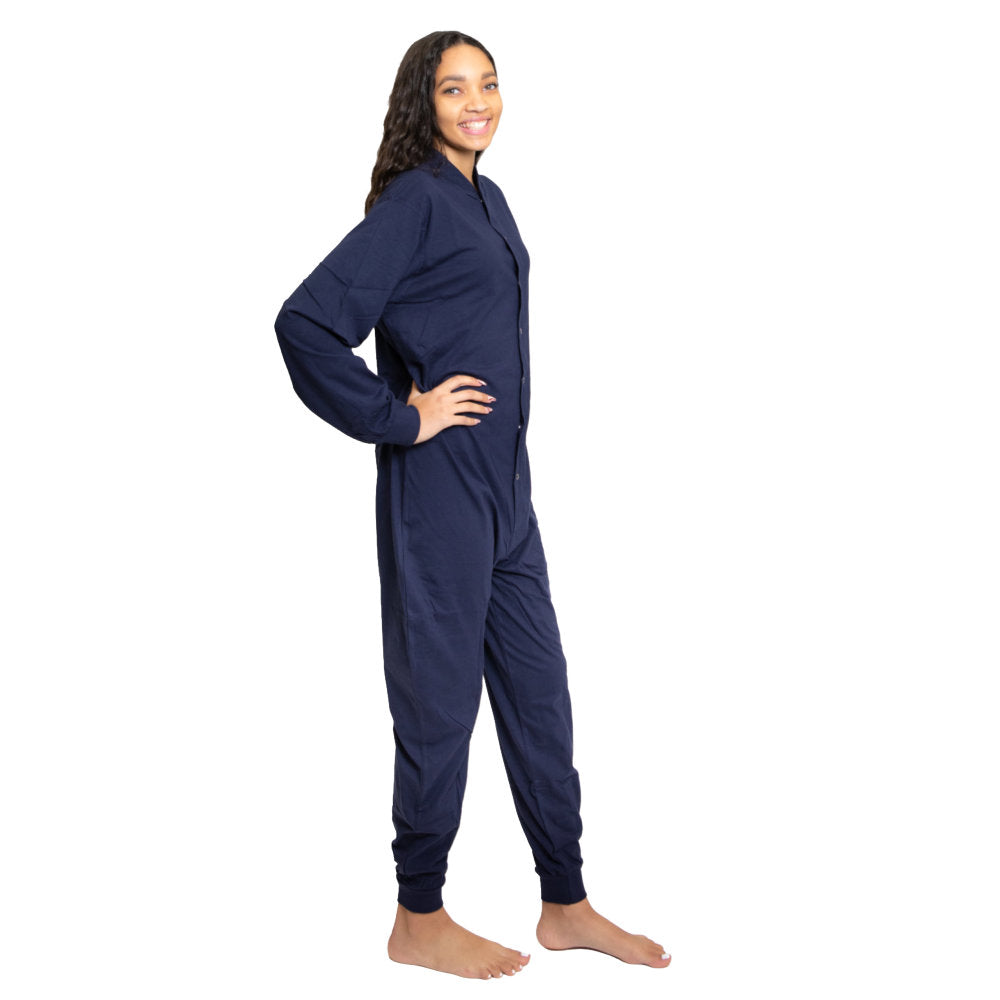 A woman wearing Navy Blue Cotton Knit Adult Footless Onesie Pajamas for Men & Women from Big Feet Pajama Company.