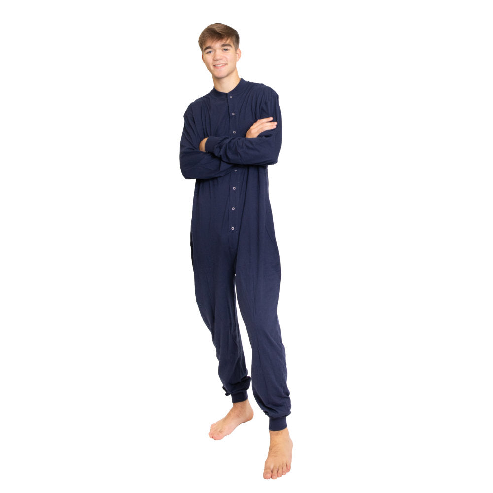 A man wearing Navy Blue Cotton Knit Adult Footless Onesie Pajamas for Men & Women from Big Feet Pajama Company.