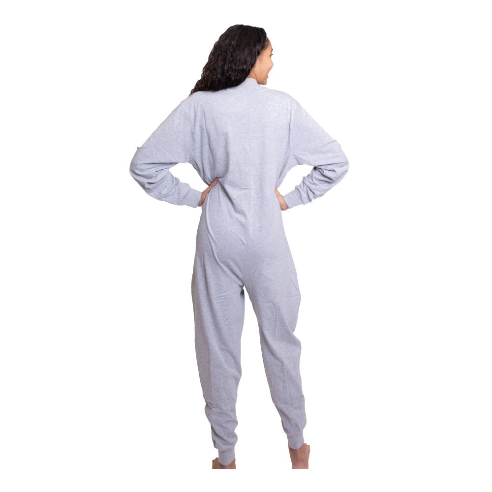A woman wearing Heather Gray Cotton Knit Adult Footless Onesie Pajamas for Men & Women showing the back of this loungewear from Big Feet Pajama Company.