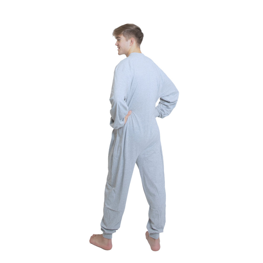 A man wearing Heather Gray Cotton Knit Adult Footless Onesie Pajamas for Men & Women showing the back of this loungewear from Big Feet Pajama Company.