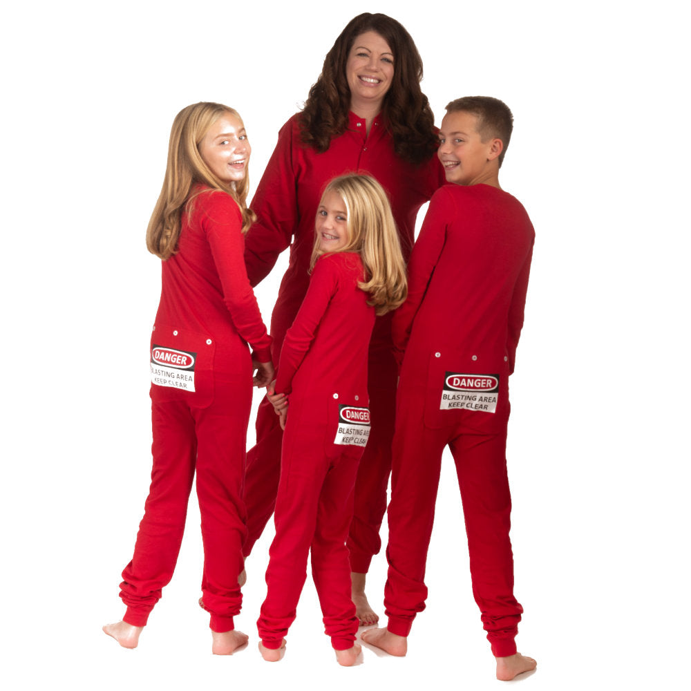 A family wearing matching Red Cotton Knit Adult Footless Onesie Pajamas with Funny Butt-Flap - says DANGER - BLASTING AREA - KEEP CLEAR from Big Feet Pajama Company.
