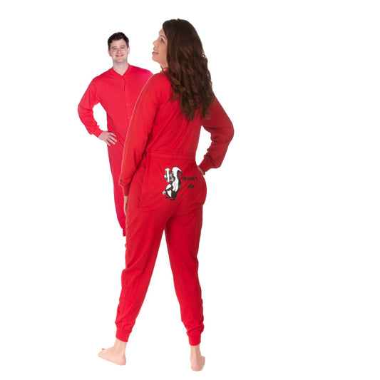 A couple wearing matching Red Cotton Knit Adult Footless Onesie Pajamas with Funny Butt-Flap - Skunk says Wasn't Me