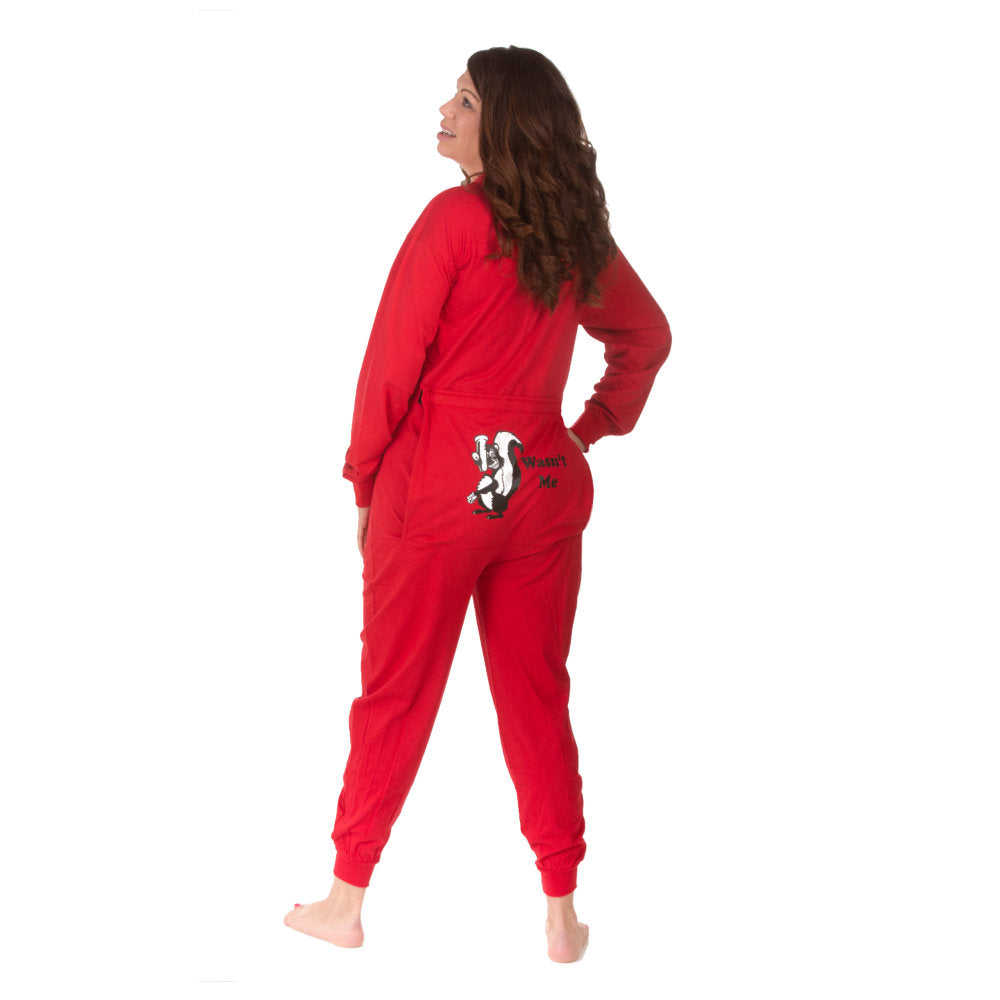 A woman wearing Red Cotton Knit Adult Footless Onesie Pajamas with Funny Butt-Flap - skunk says Wasn't Me