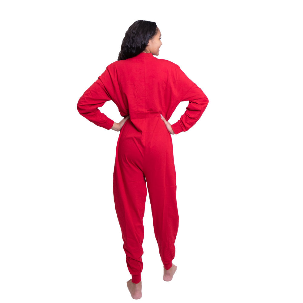 A woman showing the back of her Red Cotton Knit Adult Footless Onesie Pajamas for Men & Women from Big Feet Pajama Company.