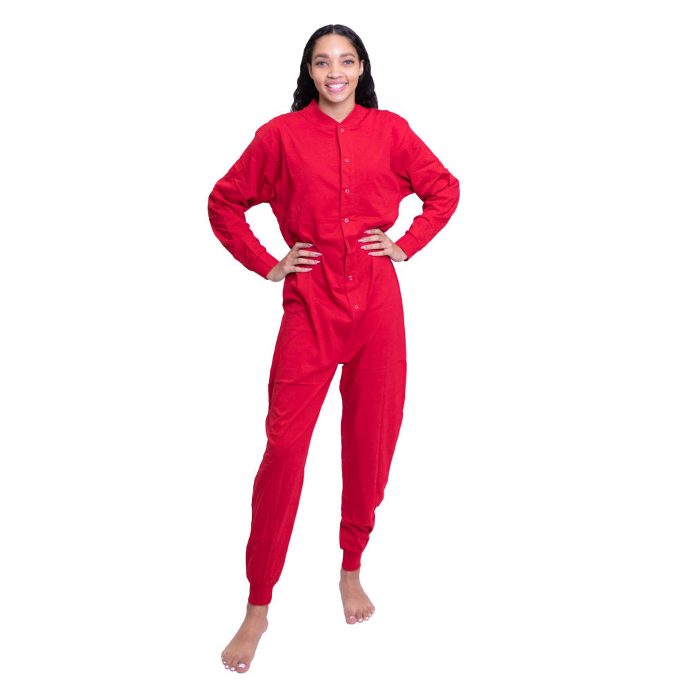 A woman wearing Red Cotton Knit Adult Footless Onesie Union-Suit style Pajamas from Big Feet Pajama Company.