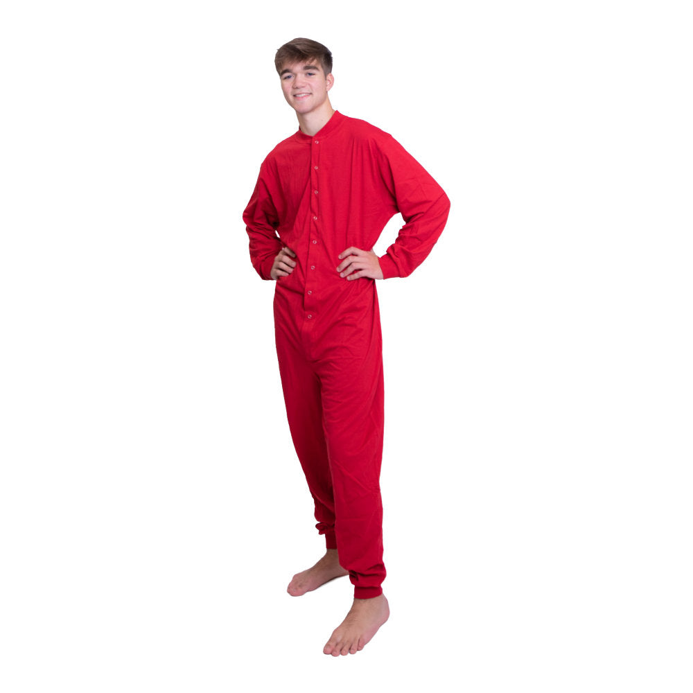 A man wearing Red 100% Cotton Knit Adult Footless Onesie Union-Suit style Pajamas from Big Feet Pajama Company.