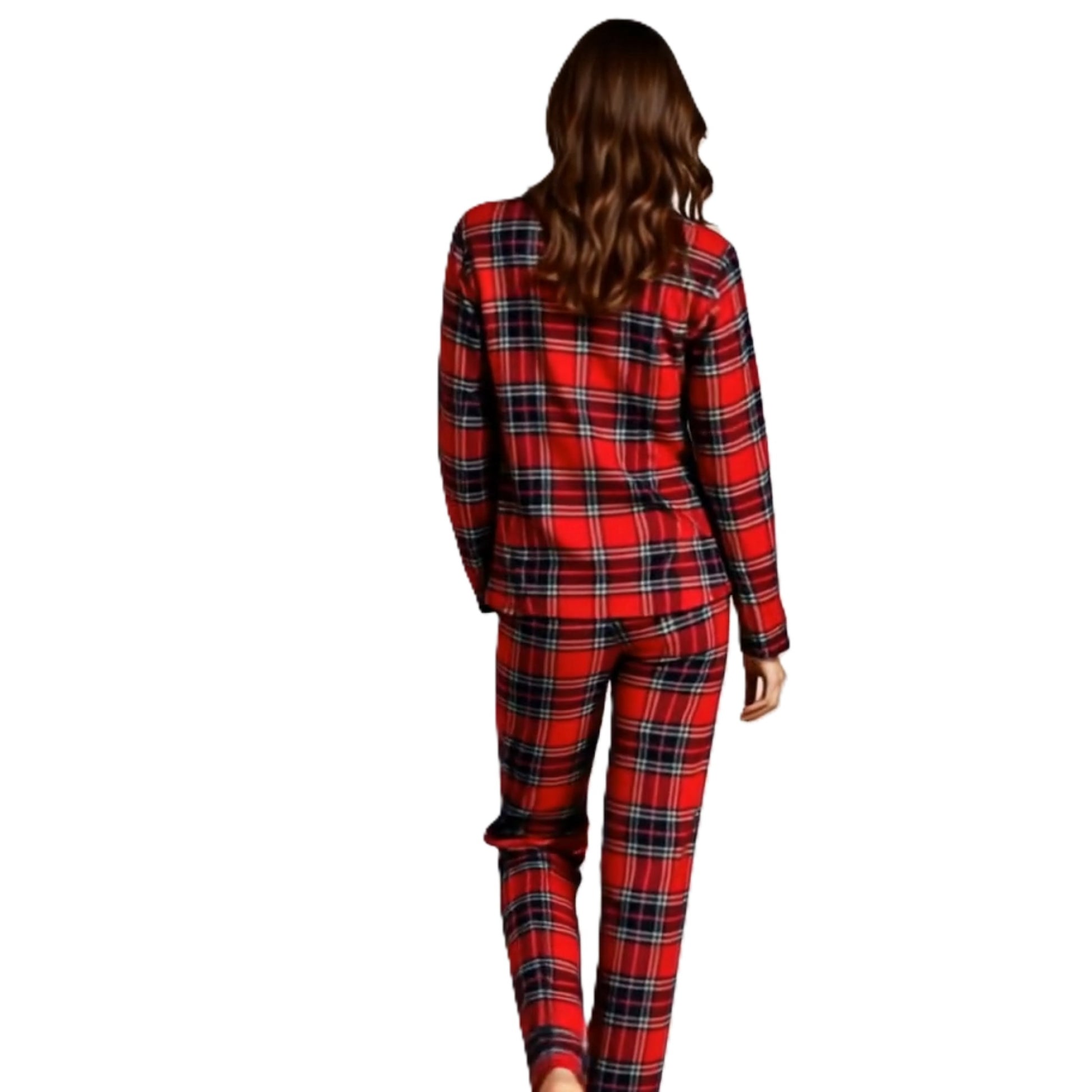 Woman model showing the back view of her red & black plaid cotton flannel 2-piece pajama set from Big Feet Pajamas