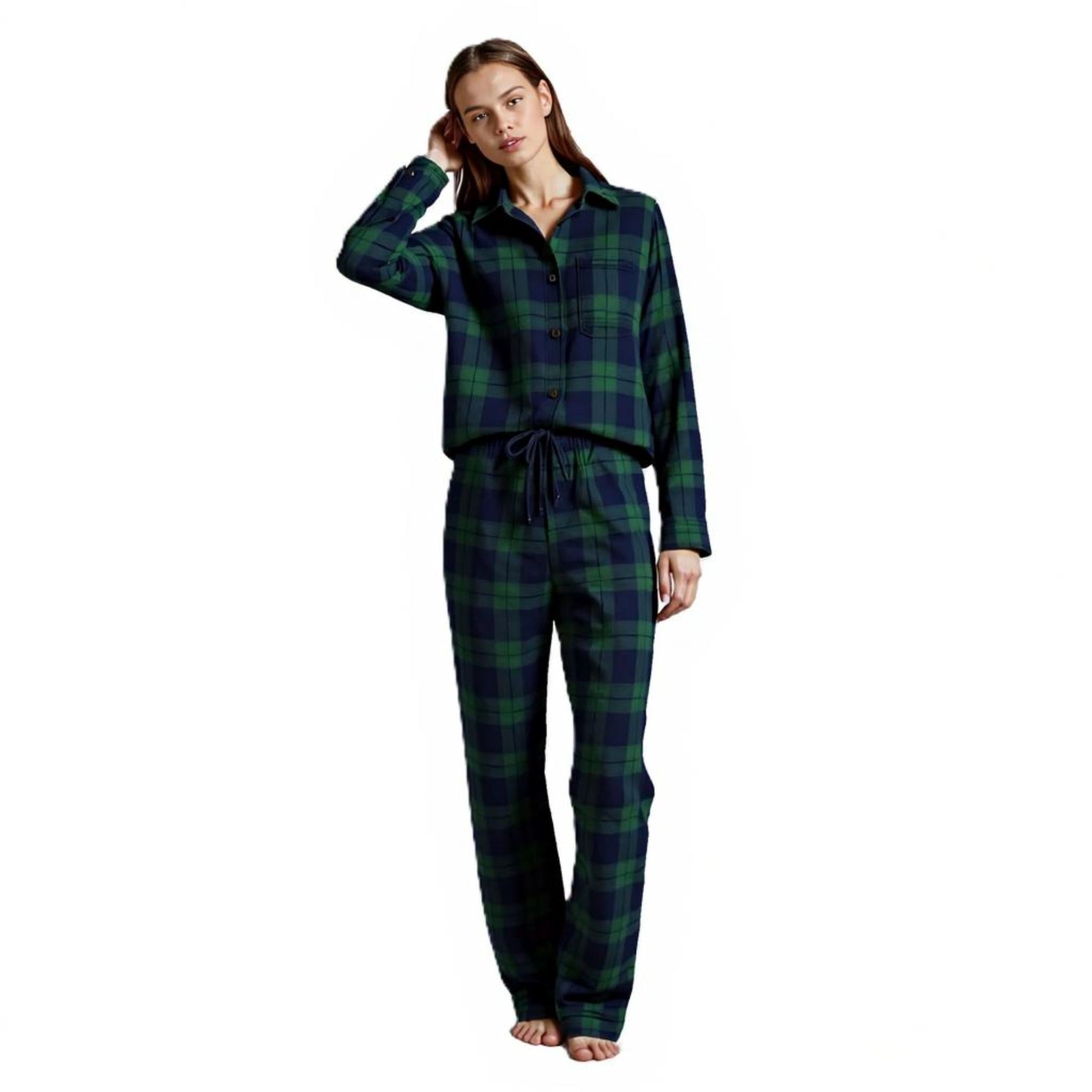 Woman wearing navy blue & green plaid cotton brushed flannel 2-piece pajama set from Big Feet Pajamas