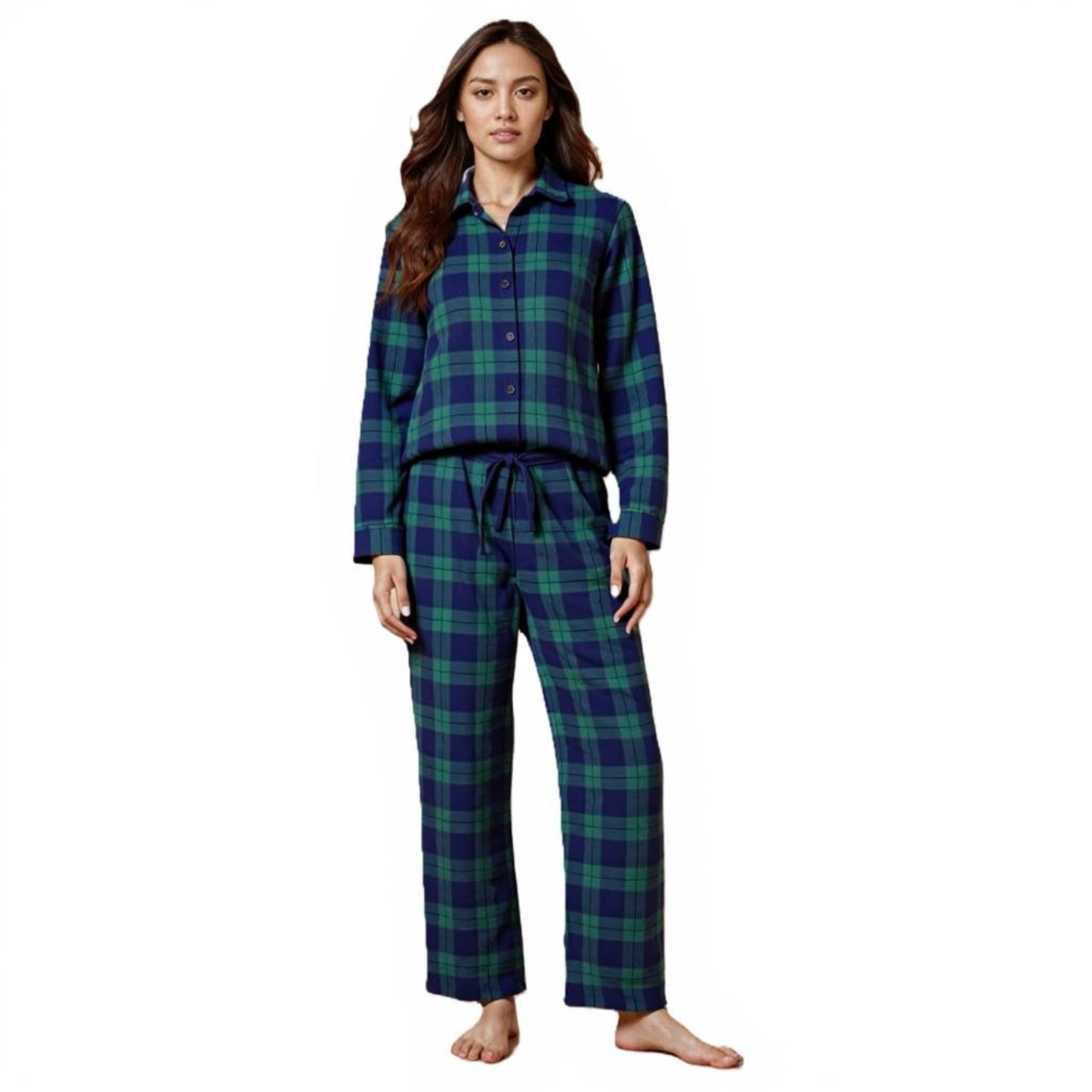 Women's Brushed Cotton Navy & Green Plaid Flannel Pajamas | 2 piece