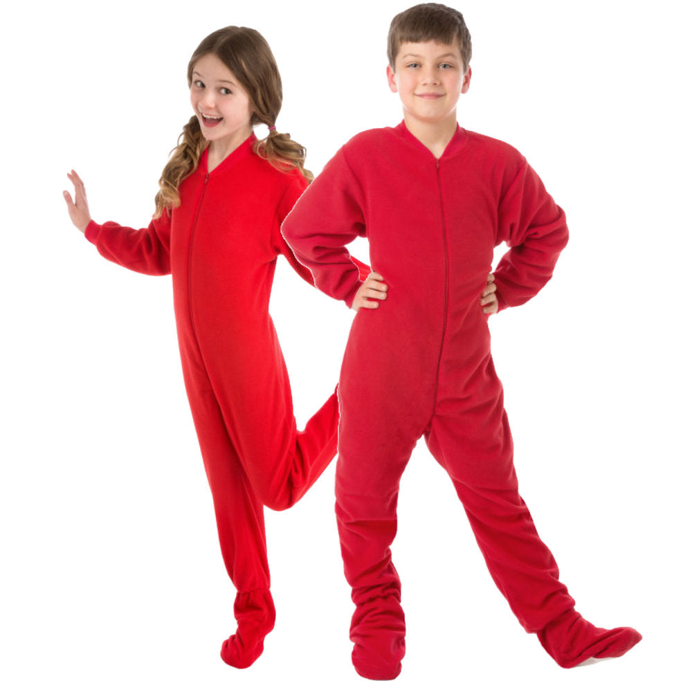 A brother and sister playing in their matching Red Fleece Onesie Footed Pajamas from Big Feet Pajama Company.