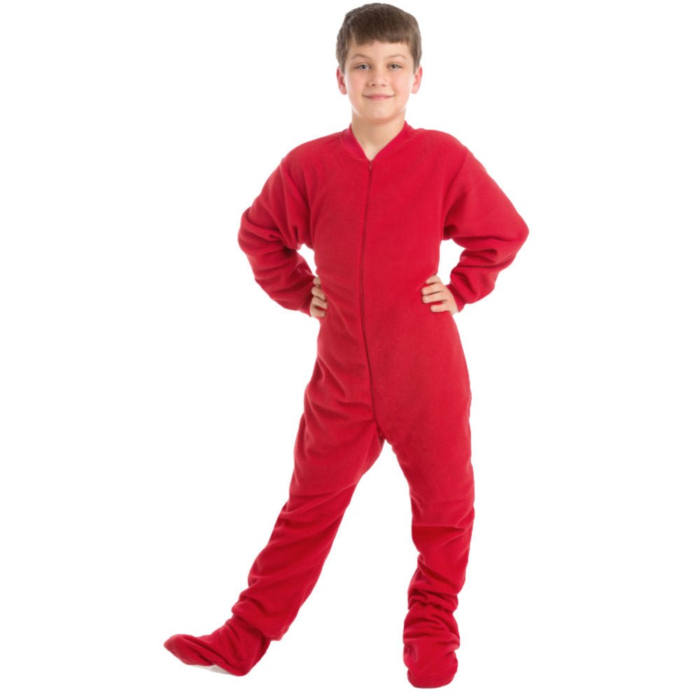 A boy wearing Red Fleece Onesie Footed Pajamas for kids from Big Feet Pajama Company.