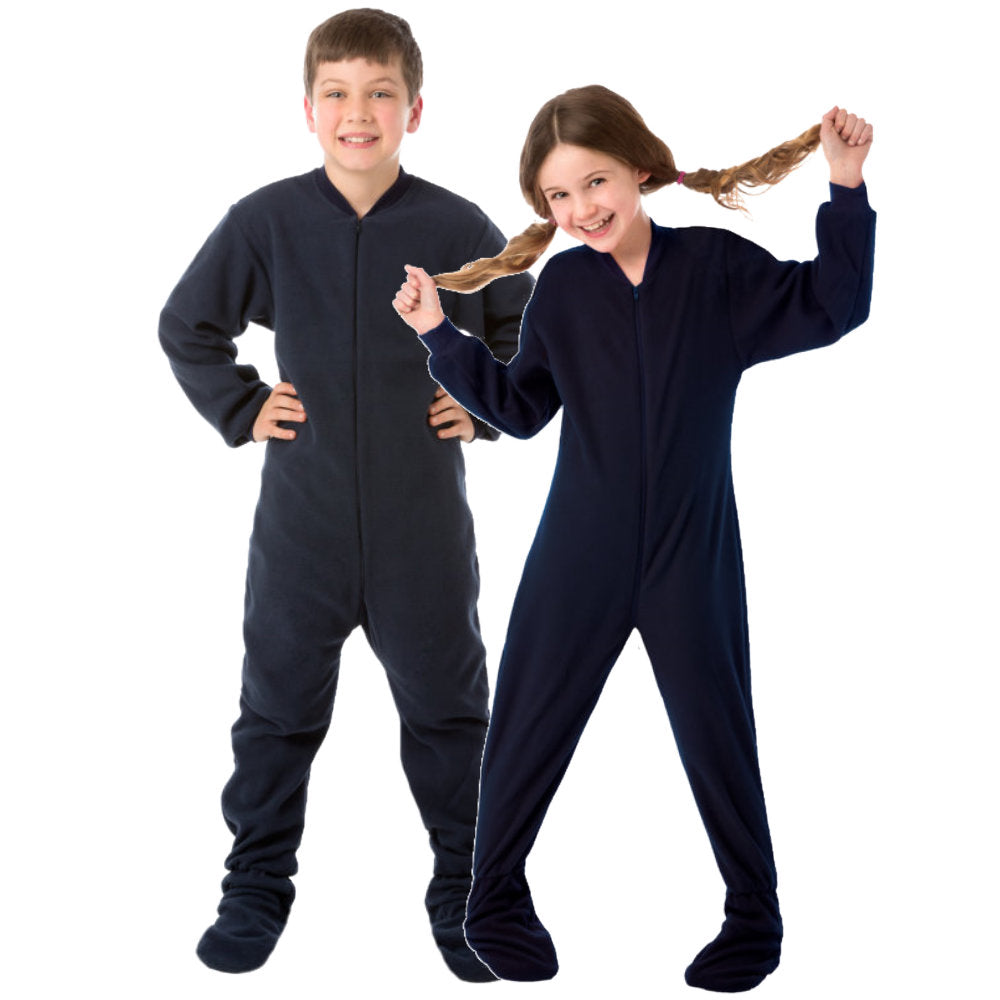 A little girl and her brother in their new Easter gifts, matching Navy Blue Fleece Onesie Footie Pajamas for kids from Big Feet Pajama Company.