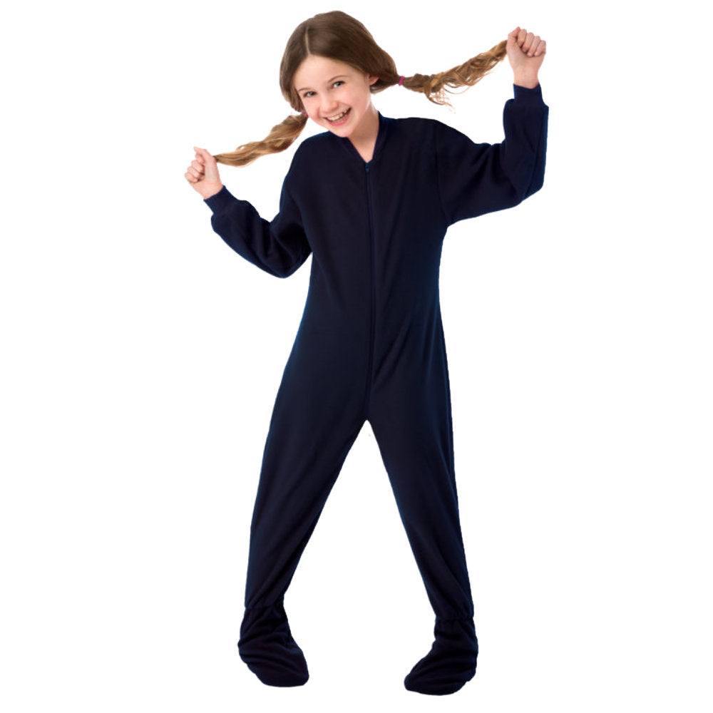 A dancing wearing her birthday present, Navy Blue Fleece Onesie Footie Pajamas for kids from Big Feet Pajama Company.