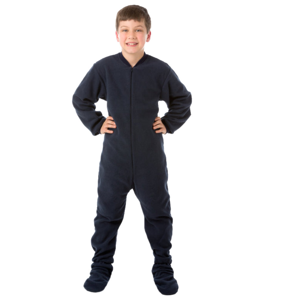 A boy wearing Navy Blue Fleece Onesie Footed Pajamas for kids from Big Feet Pajama Company.