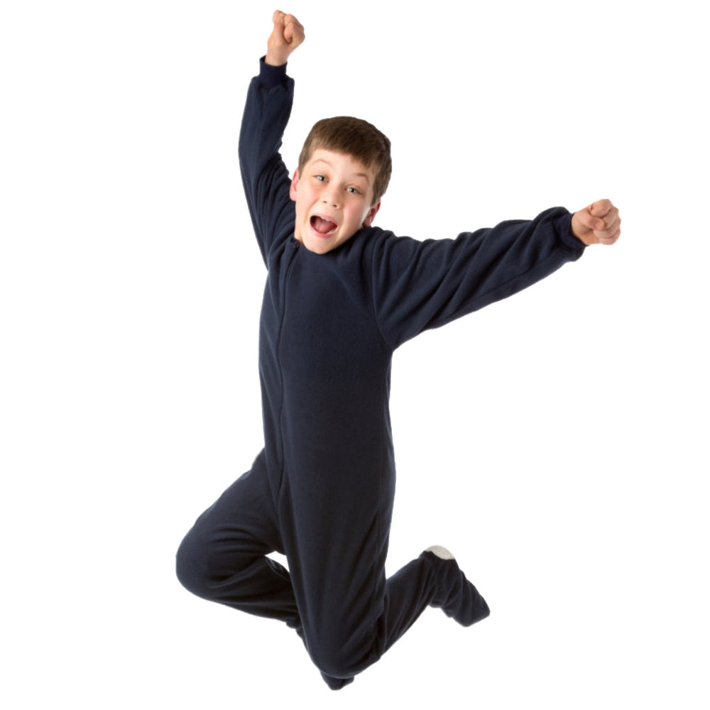 A leaping for joy to celebrate his birthday gift, Navy Fleece Footed Onesie Pajamas for kids from Big Feet Pajama Company.