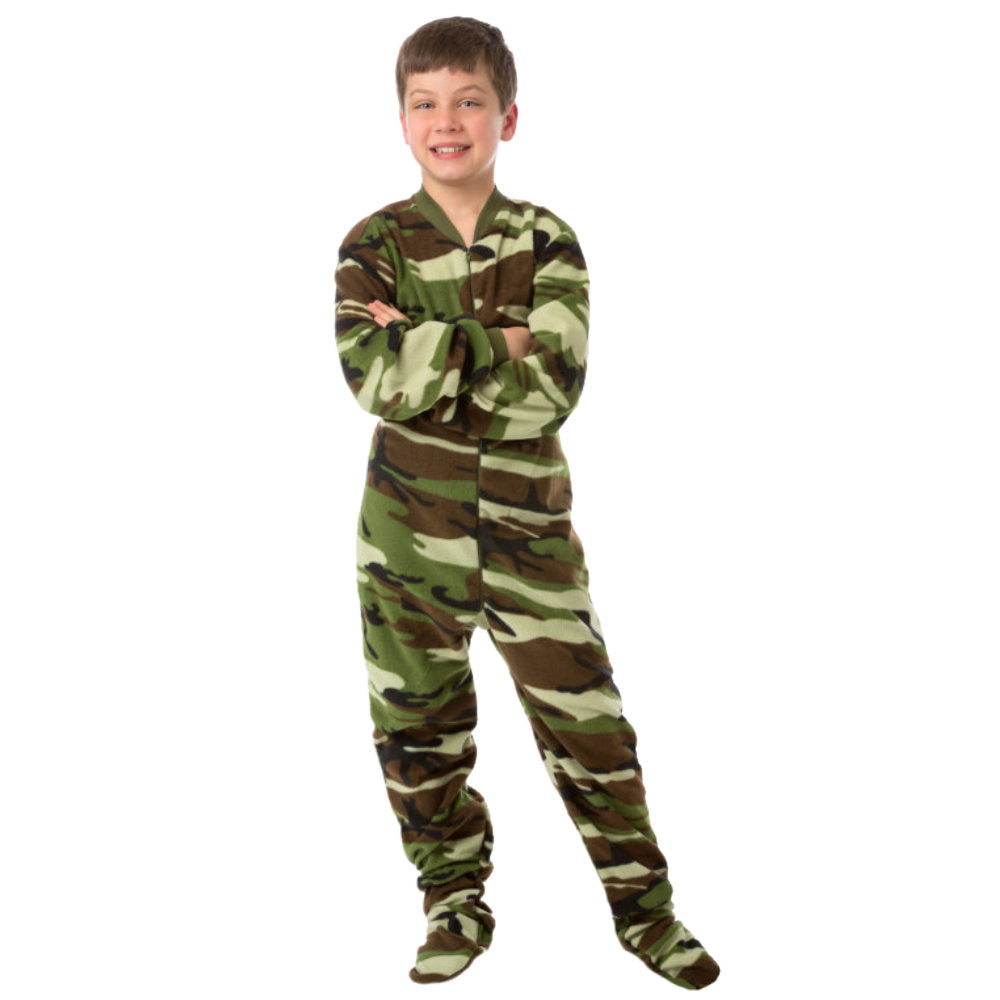 A boy wearing Camouflage Fleece Onesie Footed Pajamas for kids from Big Feet Pajama Company.