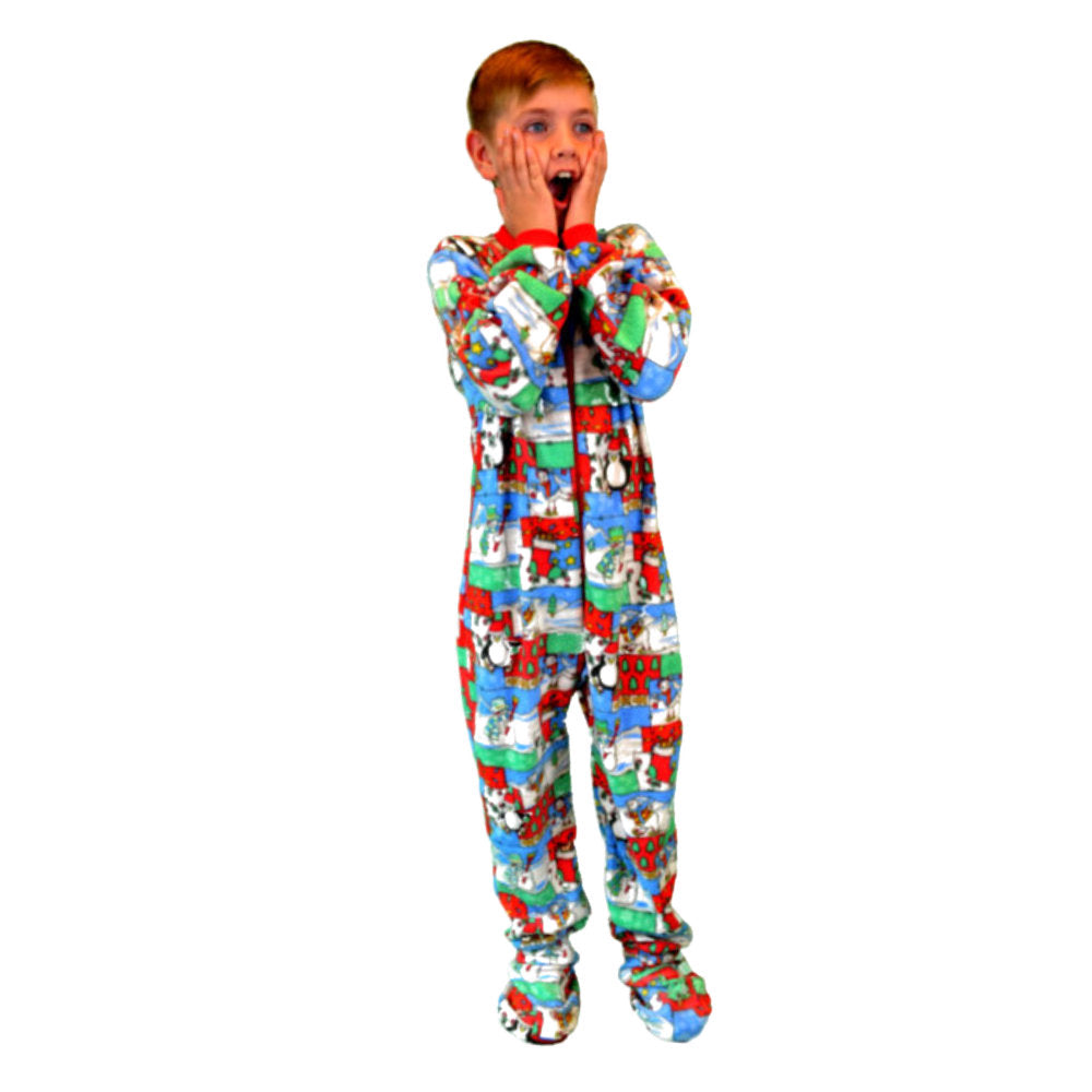 A boy wearing his Christmas Winter Fun Fleece Onesie Footed Pajamas for kids from Big Feet Pajama Company.