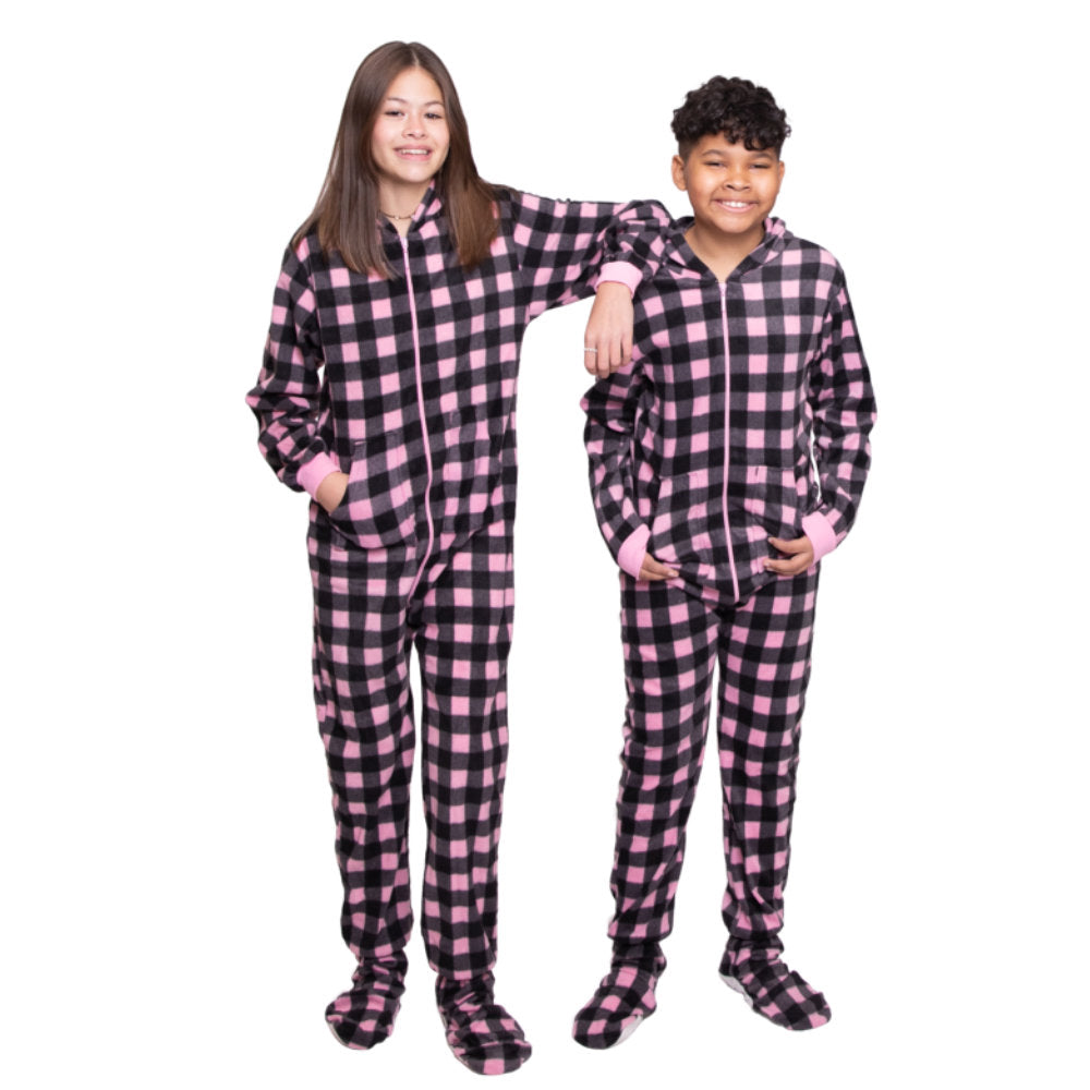 Pink & Black Buffalo Plaid Fleece Pajamas With Hood & Feet for Kids