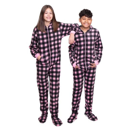 Pink & Black Buffalo Plaid Fleece Pajamas With Hood & Feet for Kids